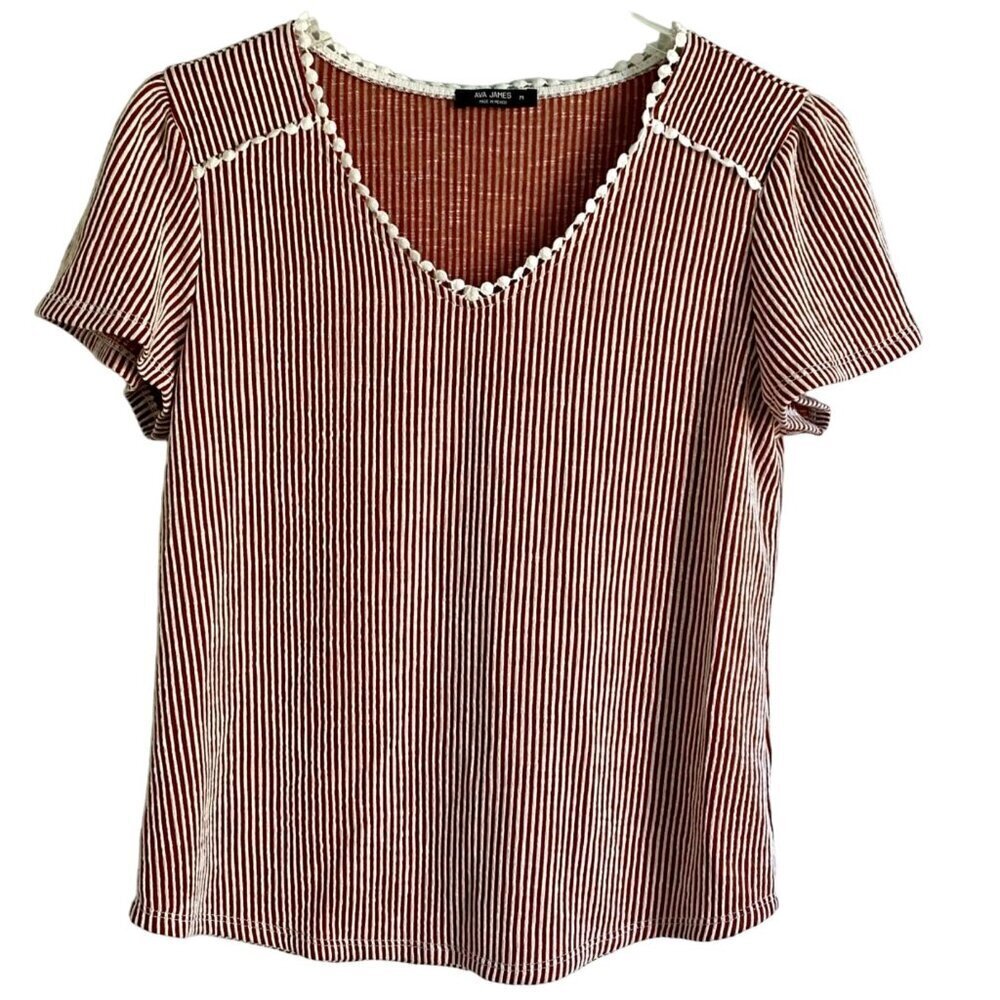 Ava James Rust White Vertical Striped Short Sleeve Top Women's Medium NEW